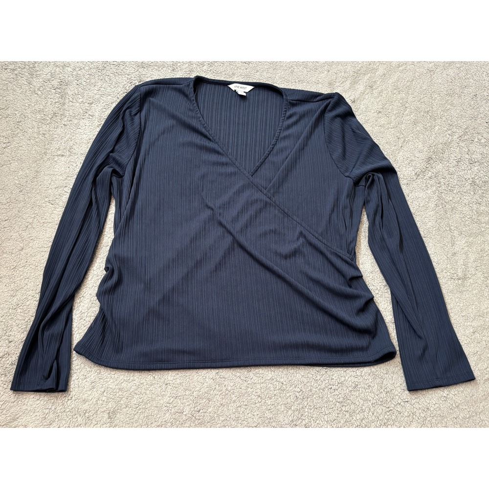 Nine West Navy Blue Ribbed Wrap Top Long Sleeve Surplice XXL RN146919